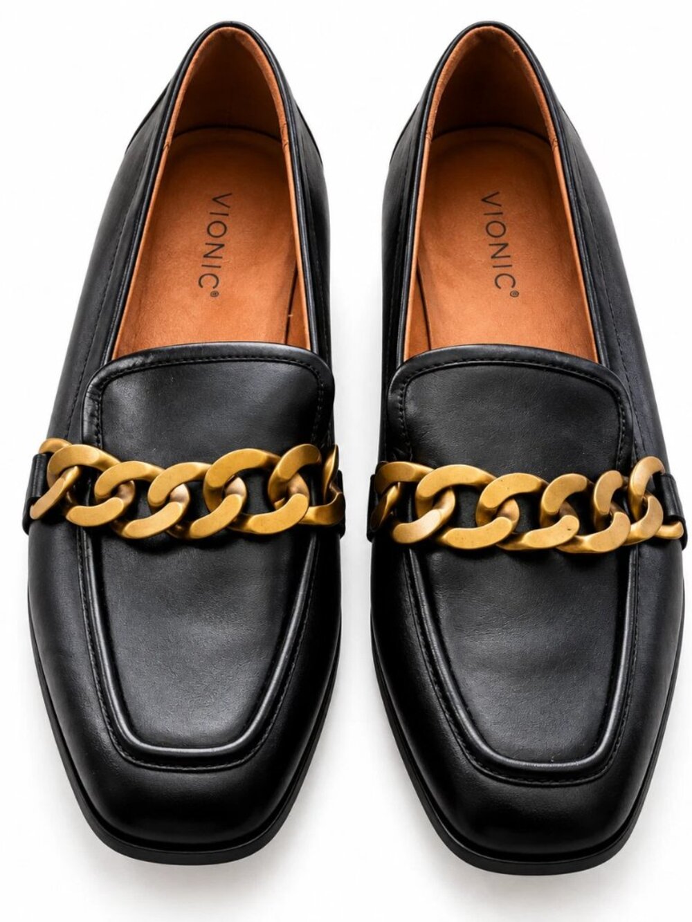 Vionic Mabelle Loafers Women's 7.5 Black Leather Gold Chain Comfort Shoes